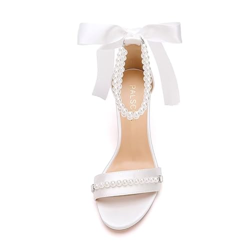 Image of Block Heel Wedding Sandals Pearl Wedding Shoes for Bride Open Toe Bridal Shoes Chunky Heel Sandals