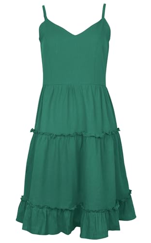 Image of FANCYINN Women Floral Casual Tiered Mini Dresses Spaghetti Strap V Neck Backless A Line Swing Short Dress with Pockets