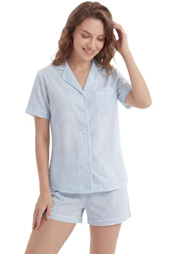 Image of LUBOT 100% Cotton Pajamas for Women 2 Piece PJ Set Poplin Woven Lightweight Ladies Button Short Sleeve Sleepwear S-XXL