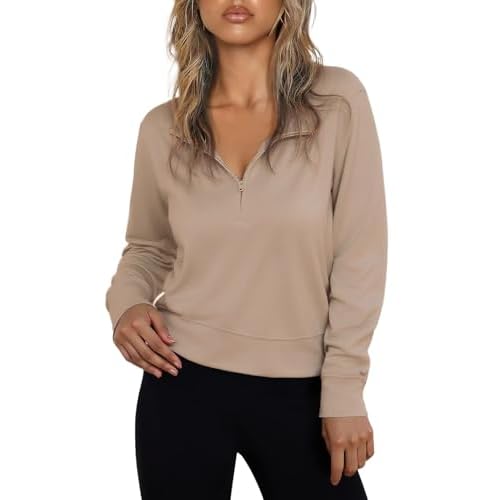 Totatuit Women Half Zip Up Cropped Lapel Sweatshirt Quarter Zipper Casual Long Sleeve Tops Fall Trendy Clothes Light Khaki XX-Large