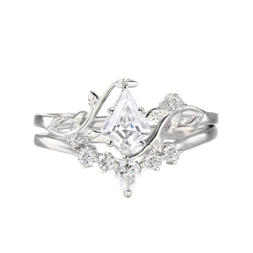 Kite Cut Gemstone and Moissanite Wedding Ring Sets for Women 10K 14K 18K Gold Platinum Plated Moss Agate/Emerald/Morganite Bridal Ring Sets for Her3