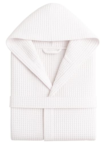 Peignoir Nid d'Abeille Femme et Peignoir Nid d'Abeille Homme en Coton avec Capuche Poches et Ceinture, Léger et pour Voyage S-XXXL, Blanc, L/XL