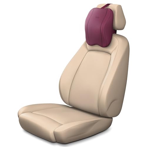 Image of Frido Premium Car Neck Rest Pillow with Ergonomic Memory Foam Headrest Cushion and Luxe Leatherette Cover, Comfortable Neck Support for Driving, Relieves Neck Pain for Long Drives and Travel | Maroon