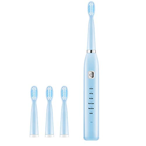 Sonic Electric Toothbrush USB Rechargeable Toothbrush Soft Bristles Oral Care Gum Clean Whiten Adult Toothbrush 4 Replacement Brush Heads 4 Modes with Automatic Timer IPX7 Waterproof (Blue)