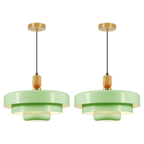 Image of 2-Pack Mint Green 3-Layer Pendant Lamps, Mid Century Hanging Lights with Wood Accent, 59 inch Adjustable Cord, E26 Fixtures for Kitchen Island Dining Area