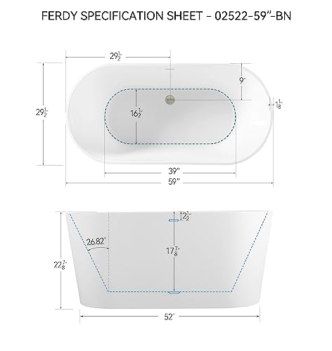 Ferdy Shangri-La 59" Acrylic Freestanding Bathtub, Gracefully Shaped Soaking Bathtub, Glossy White, Cupc Certified, Brushed Nickel Drain & Minimalist Linear Design Overflow Included, 02522 #TOP4