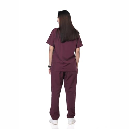 Image of Women 5-Pocket Scrub Suit | Set of Top & Pant | Half Sleeves | Mandarin Collar | Breathable Polyviscose Fabric | Comfortable | Durable | Uniform for Doctors Nurse & Dentist Wine L