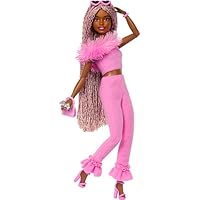 Barbie Deluxe Style Doll #4 in Barbiecore Outfit, Pink and Brown Braids, Soft Pink Top and Pant Set with Furry Collar and Fun Accessories