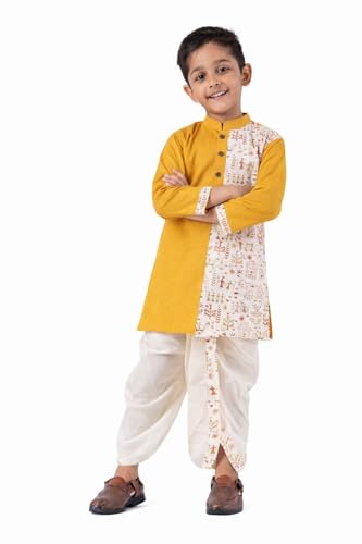 Image of Kids Ethnic Wear - Stylish Half Printed & Vibrant Color Pure Cotton Kurta with Elastic Waist Dhoti Set for Boys