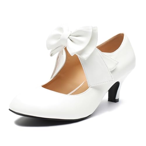 Women's Bow Mary Jane Kitten Heel Round Toe Low Heels Ankle Strap Dress Evening Party Pumps
