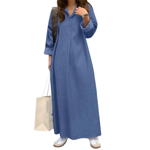 Amazon.com: Womens Summer Cotton Flowy Maxi Dress Long Sleeve Thicken Lapel  Button Down Vintage T Shirt Dress Pullover Loose Fit Swing Midi Dress  Blue-S : Clothing, Shoes & Jewelry