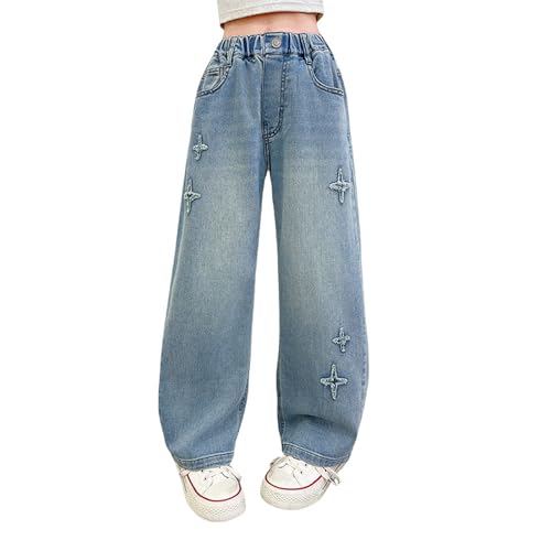 Viatabuna Kids Girls Star Patch Jeans Elastic High Waist Loose Light Wash Wide Leg Denim Pants Cute Baggy Trousers
