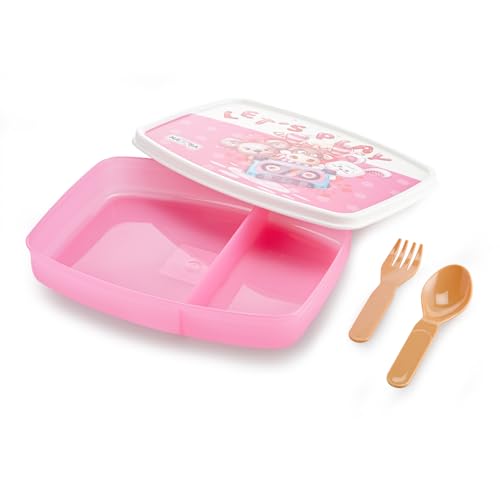 Image of Nayasa Witty Deluxe Mini 2 Compartment Lunchbox | BPA Free and Food Grade Plastic Tiffin | Cute Cheerful Animal Print | 450 ML | Pink