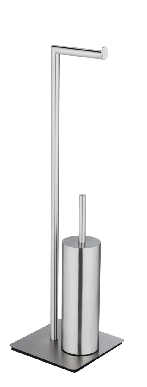 WENKO Set de accesorios de pie para inodoro Recco, escobillero y portarrollos de acero inoxidable satinado con base firme, incl. escobilla con cabezal de silicona, 20 x 71,5 x 20 cm