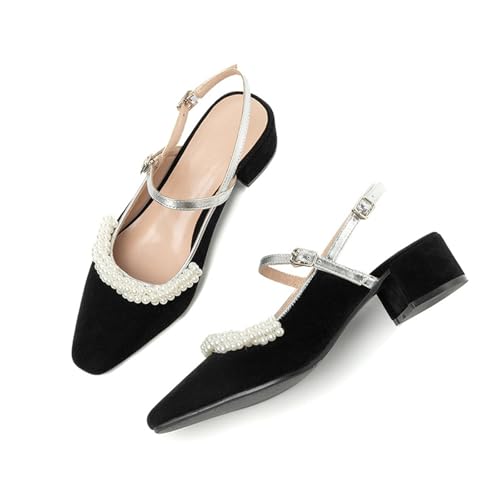 Women's Suede Chunky Heel Pumps Pearl Decoration Closed Pointed Ankle Strap Open Back High Heels Fashion Party Pumps