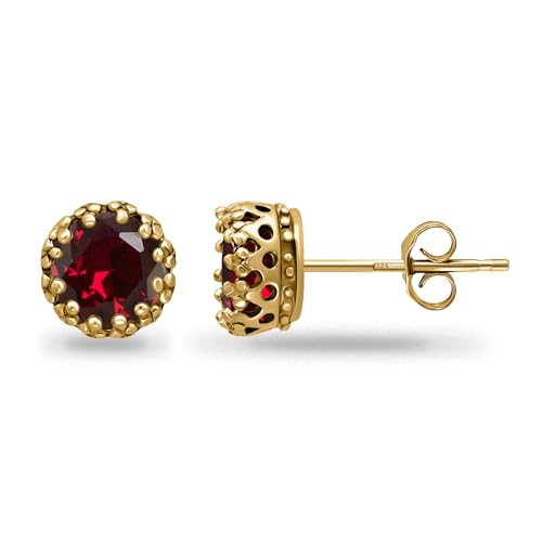 Ice Gems 14K Gold 925 Sterling Silver Genuine, Created or Simulated Birthstone 6mm Gemstone Crown Stud Earrings for Women & Girls