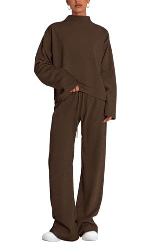 PRETTYGARDEN Two Piece Sets for Women Fall Sweatsuit Long Sleeve Knit Mock Neck Tops Wide Leg Pants Lounge Set Travel Outfits(Brown,Medium)