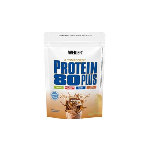 Weider - Protein 80 Plus - 4-Komponenten Protein Pulver - Hoher Proteingehalt mit 80% Eiweiß - Cremige Shakes mit Calcium & Vitamin B6 - 500g - Haselnuss-Nougat
