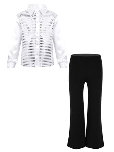 Opiniones de Pantalones de traje para Niño los más recomendados. 48 JEATHA Traje de Baile Latino Jazz para Niños Camisa Lentejuelas de Manga Larga y Pantalones Acampanados de Elásticos Disfraz de Baile Actuación 5-14 Años Blanco 5-6 años