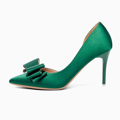 Image of Womens Bow Heels Closed Pointed Toe Dress Shoes Stiletto Slip on Wedding Pumps