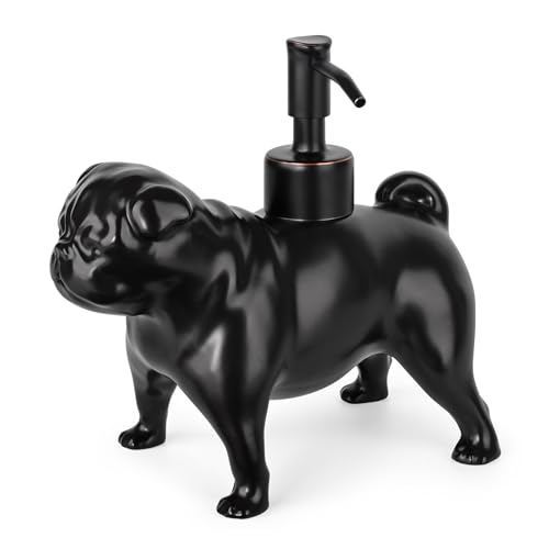 NEWHENGS Pug Shaped Soap/Lotion/Hand Sanitizer Dog Lover Stainless Steel Pump Dispenser for Dog Gifts, Refillable for Kitchen and Bathroom(Black)
