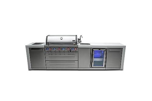 Mont Alpi MAi805-DBEV 44-inch 6 Burner Stainless Steel Deluxe Modular Outdoor Kitchen Island BBQ Grill with Beverage Center + Side Burner + Granite Countertops & Sides + Rotisserie and Grill Cover