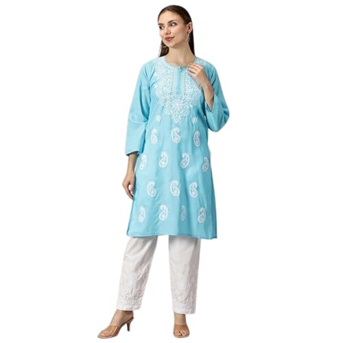 Image of FCH, Fashionable Chikan Handikraft Women's Cotton Lucknowi Chikankari Printed Straight Kurta for Regular Wear Girls Flared Kurta