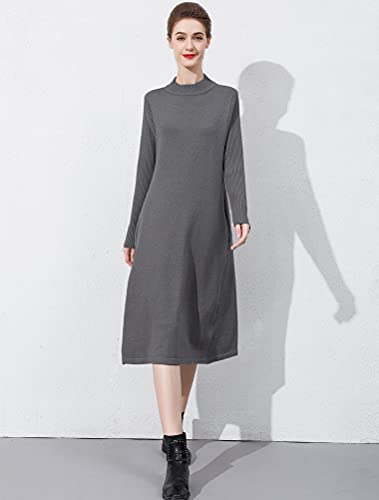 Minibee Women's Long Sleeve Sweater Dresses Pullover Casual Turtleneck Knit Sweater Long Dresses With Pockets Gray L #TOP1