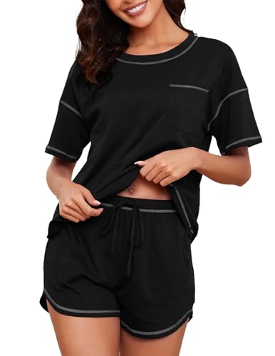 Image of KCW Pajamas for Women Set 2 Piece 100% Cotton Lounge Sets Short Sleeve Top and Shorts Pj Set Sleepwear Outfits