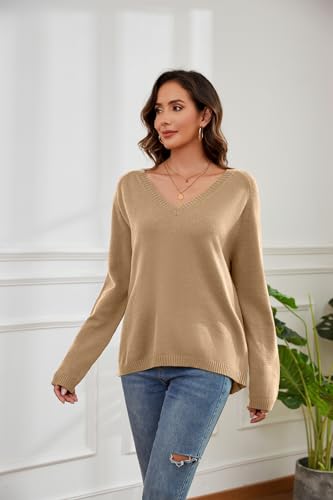 Womens Oversized Sweaters 2025 Casual Long Sleeve V Neck Lightweight Knit Pullover Sweater Tops2