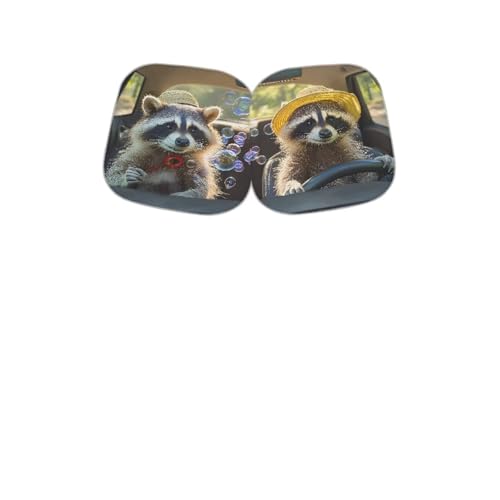 Image of Cute Raccoon 2 PCS Car Window Shades Foldable Automotive Front Window Sunshade Protector Heat and UV Rays That Keeps Vehicle Cool Universal Vehicle Accessories