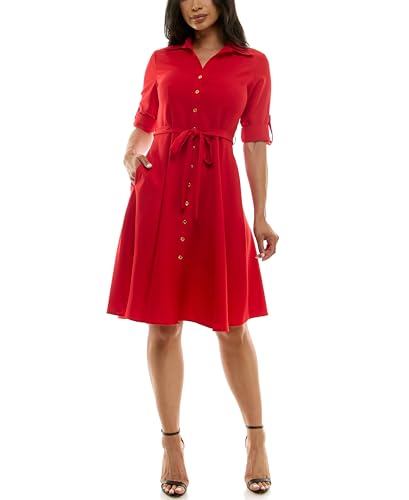 Image of Sharagano Women's Pleated Shirt Dress - 3 /4 Sleeve, V-Neck, Gold Buttons