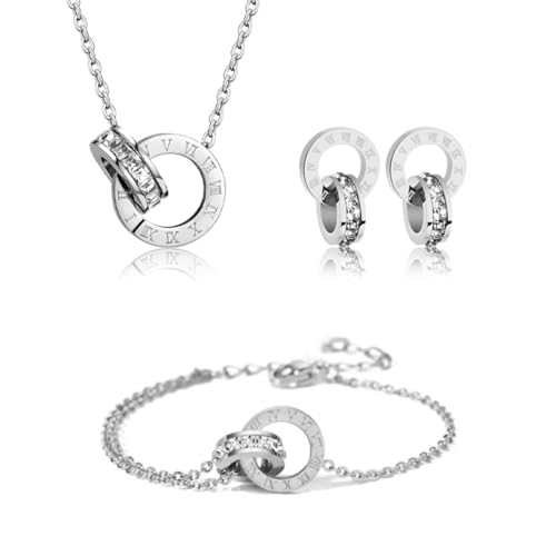 Gkaopi Parure Ensemble de Bijoux Femme Chiffres Romains Cercle Zircon Cubique Pendentif Acier Inoxydable Plaqué Or 18K Argent Réglable Boucles d'oreilles Bracelet...