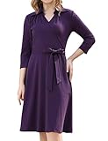 Aphratti Women's 3/4 Sleeve Spring Dress Wide Collar V Neck Faux Wrap Jersey Aline Casual Work Dresses Large Purple