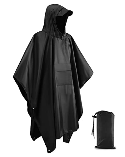 Victoper Waterproof Poncho Adult, Lightweight Reusable Rain Poncho Adult Waterproof for Outdoor Hiking Camping Cycling Traveling Waterproof Raincoat Black