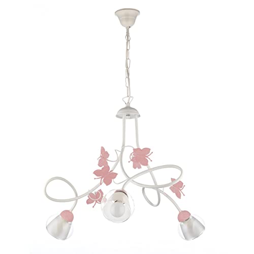 ONLI Lampadario 3 luci cameretta in Metallo Bianco con Farfalle dipinte in Rosa
