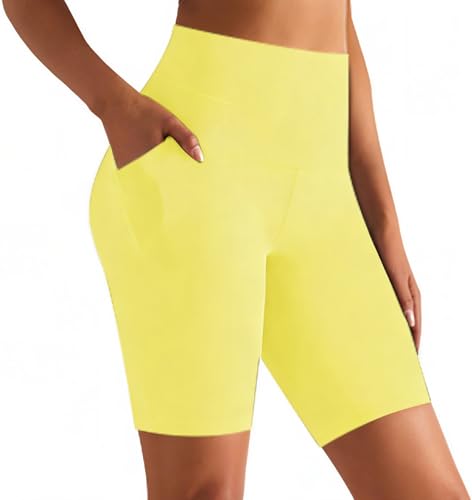 GROTEEN High Waisted Biker Shorts with Pockets for Women Yoga Workout Tummy Control Gym Running Shorts Leggings (Small-Medium Yellow)
