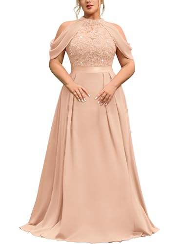 MISSMAY Women's Plus Size Dress Sequin Lace Halter with Cape Sleeves Evening Formal Maxi Dress