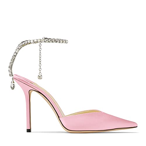 Image of LauraVicci Women's Heeled Sandals Crystal Chain Ankle Straps Rhinestones Buckle High Heels Stiletto Slip On Wedding Party Satin Dress Shoes