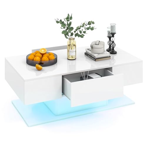 Tangkula LED Coffee Table with 2 Drawers, High Glossy Modern Center Table, 20-Color Dimmable LED Lights & Remote Control, 2-Tier Rectangle Coffee Table for Living Room (with Drawer, White)