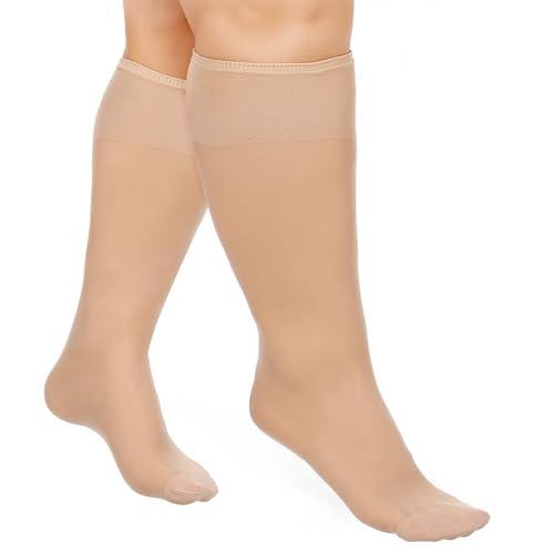 6 Pairs Plus Size Knee High Stockings for Women, 15D Skin Color Nylon Stocks with Wide Calf Stretchy Silky Soft