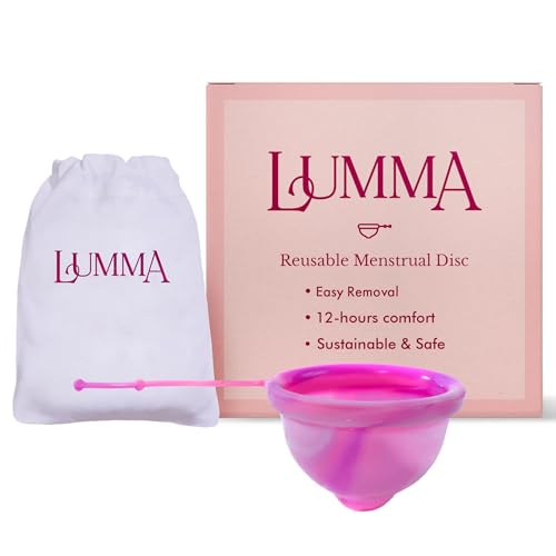 LUMMA Menstrual Disc | Includes Carrying Pouch and Silicone String for Easy Removal | Comfortable & Sustainable Choice to Tampons | Reusable Medical Grade Silicone, Leak-Proof |Pink Love,Medium Cervix