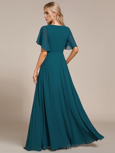 Image of Ever-Pretty Women's Spring Short Sleeve Bridesmaid Dresses V-Neck Chiffon Ruched Empire Waist Appliques Long Formal Dress