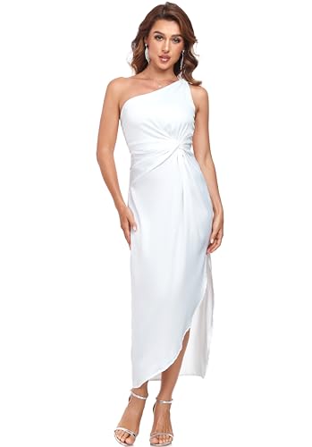 Image of Women's One Shoulder Satin Silk Backless Split Wrap Hem Twist Ruched Summer Party Cocktail Midi Dress