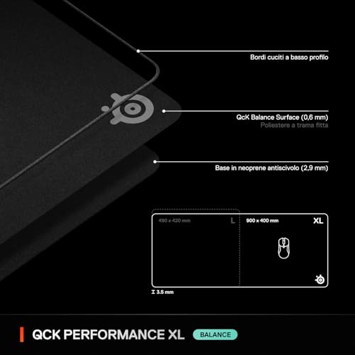QcK XL Performance Balance, mousepad da gioco - Densità extra per scorrevolezza top - Cuciture ai bordi a basso profilo - Base in neoprene antiscivolo - 900 x 400 mm - FPS, MOBA, RTS, MMO - Tastiera gaming - Immagine 6