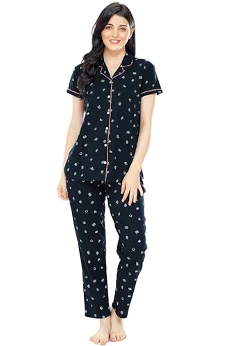 Image of ZEYO Women's Cotton Printed Korean Night Suit Set of Shirt & Pajama Set (Available in Plus Size)
