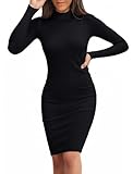 Valiamcep Women's Mock Neck Midi Dress Long Sleeve Ribbed Knit Elegant Slim Fitted Bodycon Casual Basic Dresses Black S