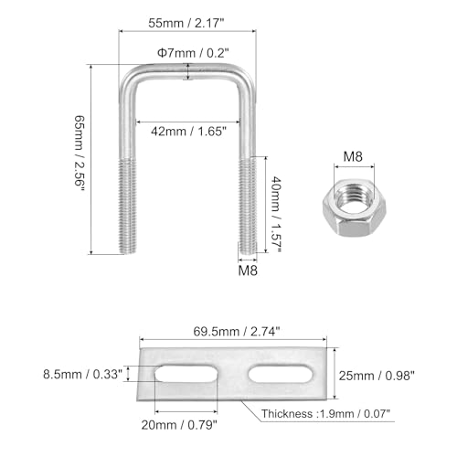 Image of PATIKIL M8x40x65mm Square U-Bolts Kit, 2Set 304 Stainless Steel Square U Shaped Bolts Replacement Parts with Frame Plates and Nuts for Ski Board Sailboat Trailer
