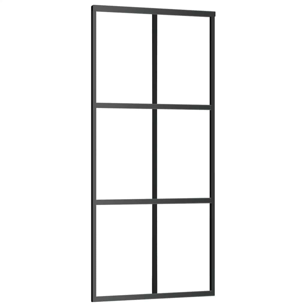Juego completo de puerta corredera 90 x 205 cm vidrio templado aluminio negro | Puerta corredera de cristal para ahorrar espacio para dormitorio y sala de estar, incluye un sistema de rieles robustos.