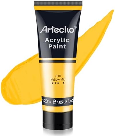 Artecho Professional Acrylic Paint, Yellow Mid (120ml / 4.05oz) Tubes, Art Craft Paints for Canvas Painting, Rock, Stone, Wood, Fabric, Art Supplies for Professional Artists, Adults, Students, Kids